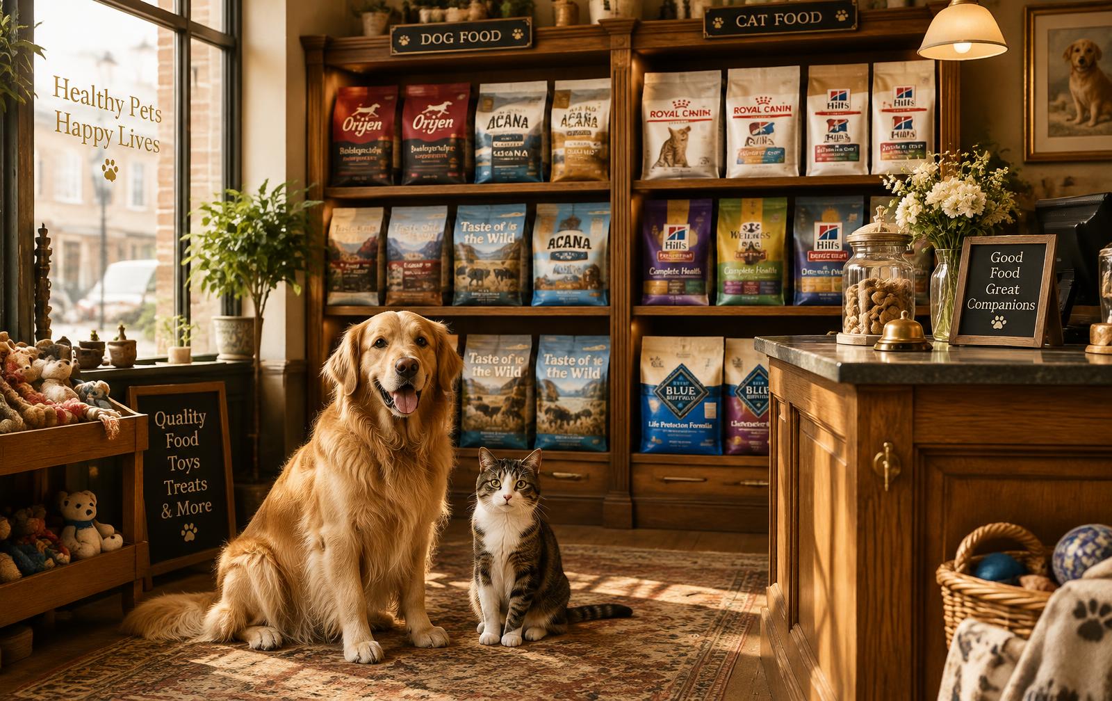 Interiorul pet shop-ului Mayer din Gilău cu hrană pentru câini și pisici